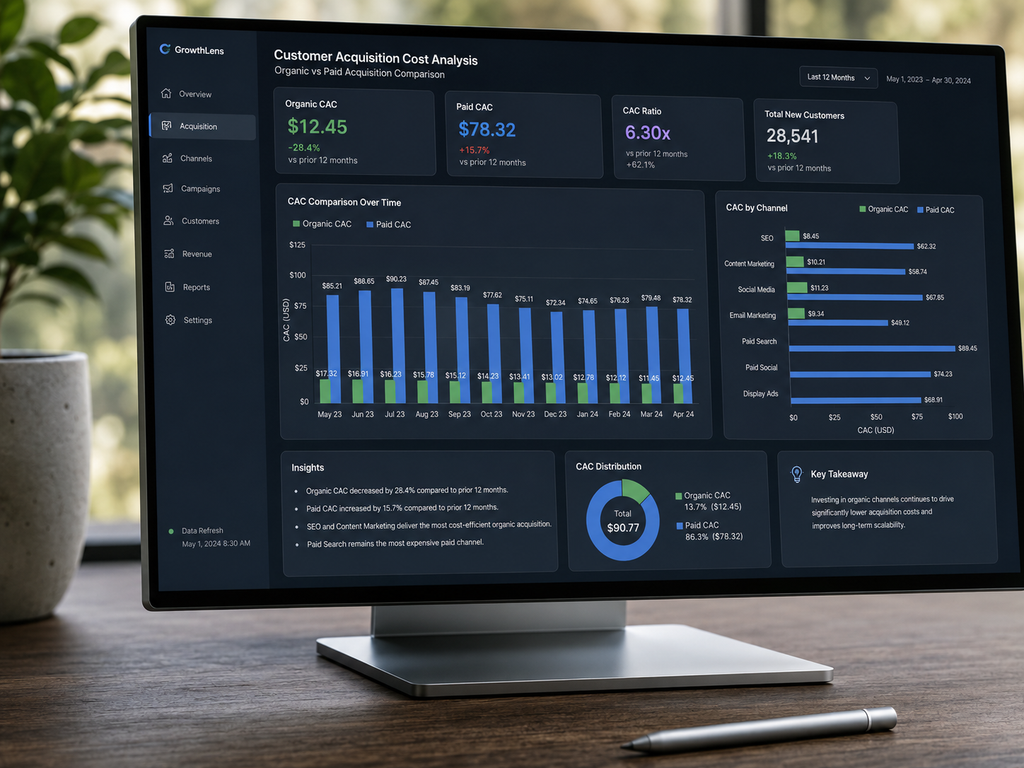 Grafik komparasi benchmark biaya akuisisi pelanggan (CAC) antara kanal pencarian organik dan iklan berbayar.