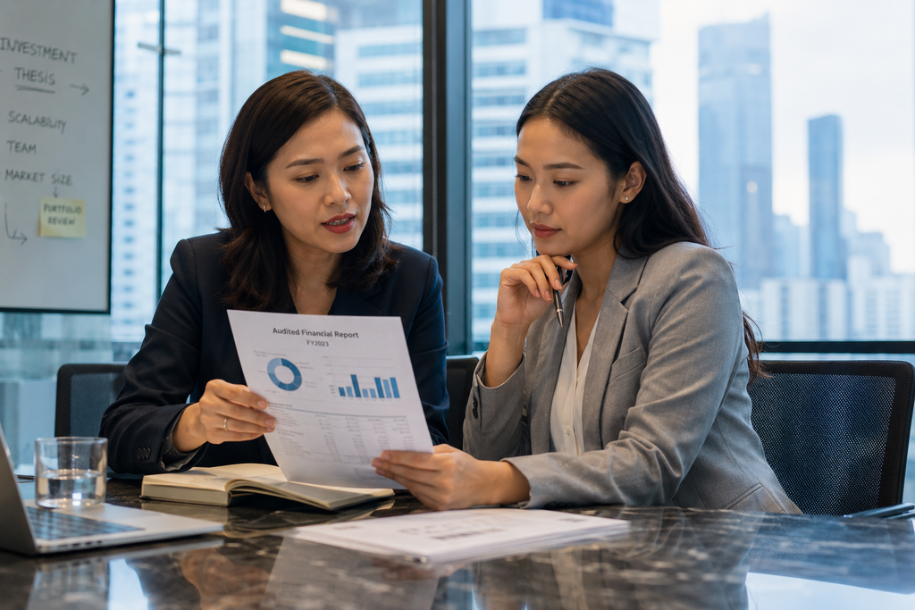 Diskusi evaluasi kinerja keuangan dan tata kelola modal antara founder startup dan investor modal ventura.