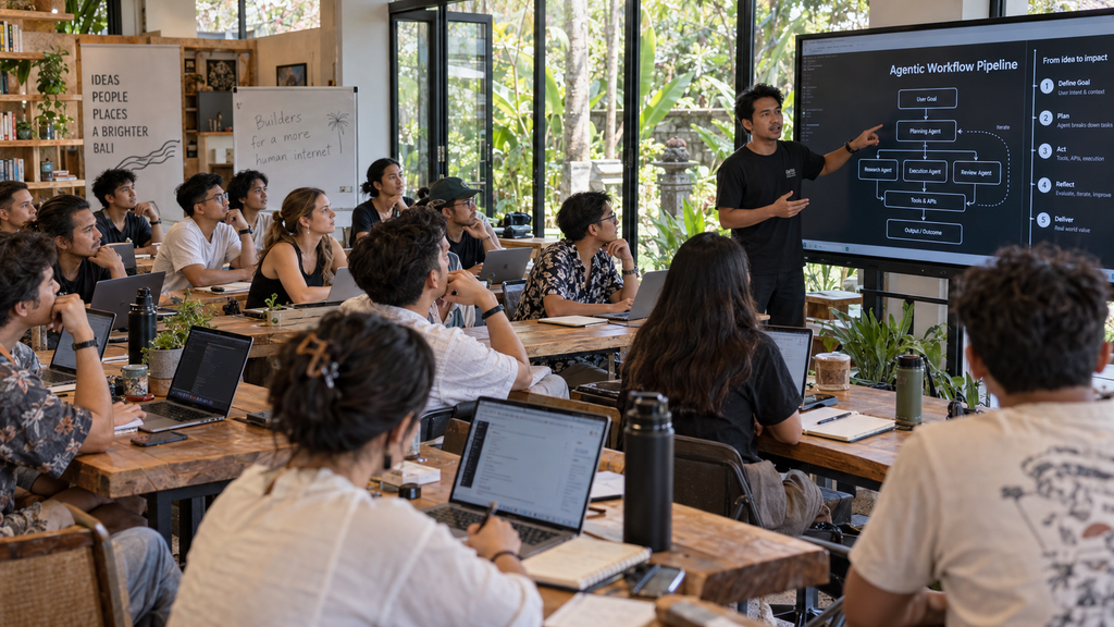 Wajib Catat, Bali Tech Week 19–23 Oktober Satukan Startup dan Investor 11 Peserta lokakarya AI menyimak demonstrasi pembangunan proyek perusahaan berbasis agentic AI di Kura-Kura Bali.