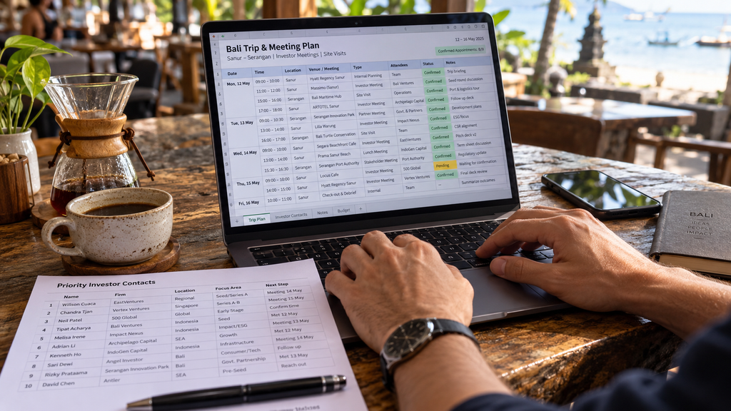 Wajib Catat, Bali Tech Week 19–23 Oktober Satukan Startup dan Investor 12 Delegasi menyusun agenda pertemuan satu lawan satu dan rute antar-venue di laptop pada meja kerja kedai kopi Sanur.