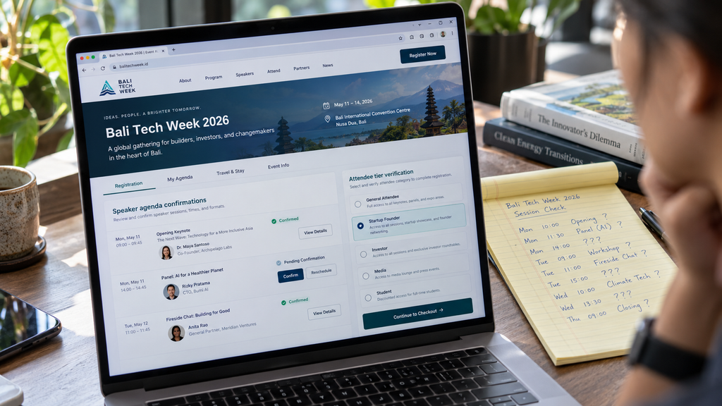 Wajib Catat, Bali Tech Week 19–23 Oktober Satukan Startup dan Investor 13 Layar monitor menampilkan portal pendaftaran Luma dan widget tiket acara yang masih menunggu pembaruan jadwal sesi.