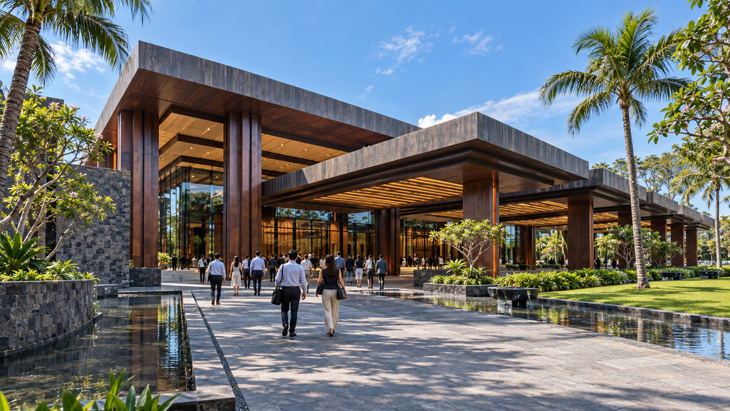 Wajib Catat, Bali Tech Week 19–23 Oktober Satukan Startup dan Investor 5 Fasad arsitektur modern tropis Bali Beach Convention Center di Sanur sebagai pusat perhelatan acara teknologi.