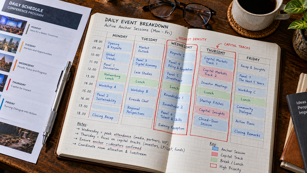 Wajib Catat, Bali Tech Week 19–23 Oktober Satukan Startup dan Investor 6 Buku perencana agenda kerja jurnalis dengan catatan perbandingan jadwal acara tersibuk hari Rabu dan Kamis di meja kerja.