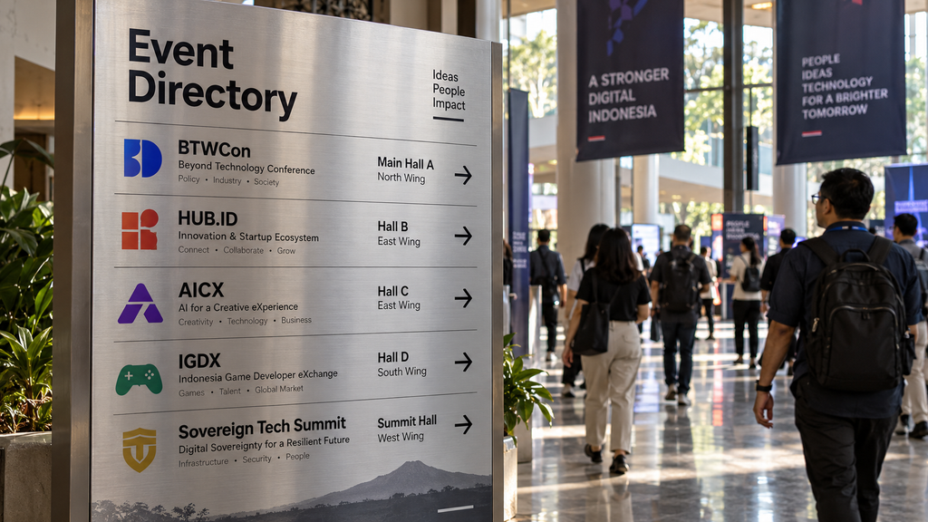 Wajib Catat, Bali Tech Week 19–23 Oktober Satukan Startup dan Investor 7 Papan panduan direktori jadwal 12 anchor events dan pendaftaran tiket Luma di area lobi konvensi.